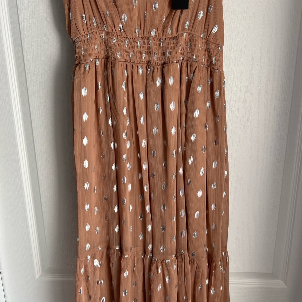 Lulus Cause To Celebrate Mauve And Silver Ruffled Tiered Midi Dress Mauve - Picture 4 of 8